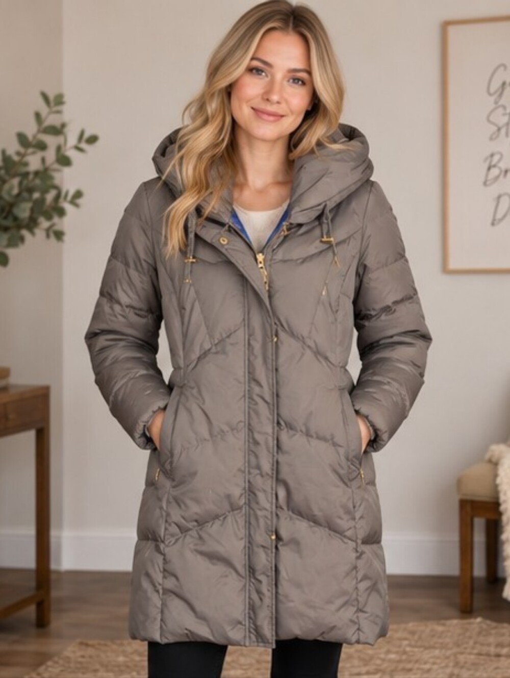 T Tahari | Taupe Gray Down Feather Hooded Long Puffer Coat - S